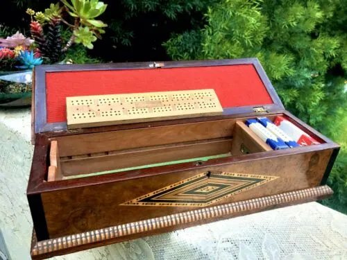 Antique Hand Inlaid Wooden Cribbage Board