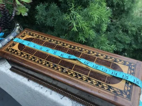 Antique Hand Inlaid Wooden Cribbage Board