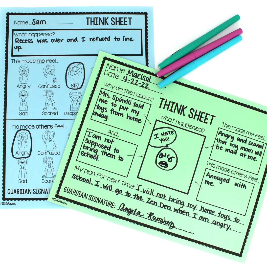 Behavior Reflection Think Sheets | Printable Classroom Resource | Miss Behavior