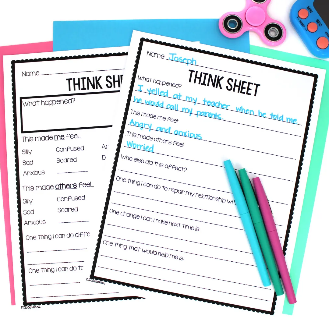 Behavior Reflection Think Sheets | Printable Classroom Resource | Miss Behavior