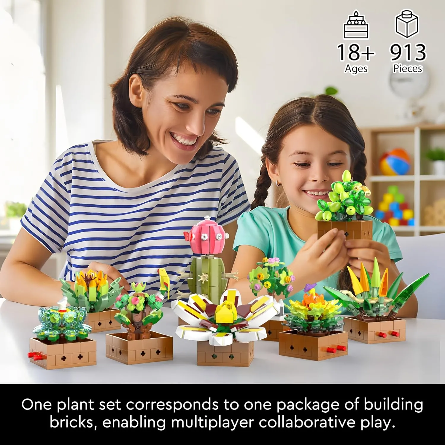 Flower Botanical Bonsai Building Set, Succulent Building Toys Block - 9 Pack, for Home Decor, Valentine's Day, Mother's Day, Christmas for Adults and Kids - 913pcs