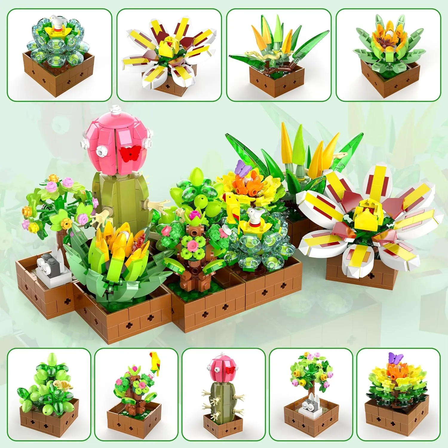 Flower Botanical Bonsai Building Set, Succulent Building Toys Block - 9 Pack, for Home Decor, Valentine's Day, Mother's Day, Christmas for Adults and Kids - 913pcs